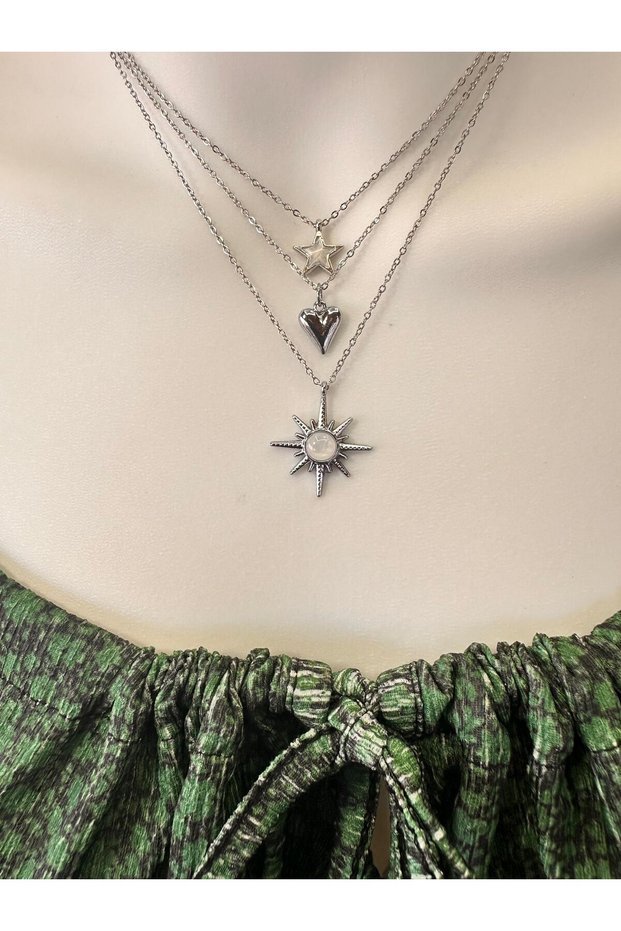 3-Piece Steel Charm Necklace, Star Necklace, Heart Necklace, Polar Star Necklace, 3-Piece Necklace Set