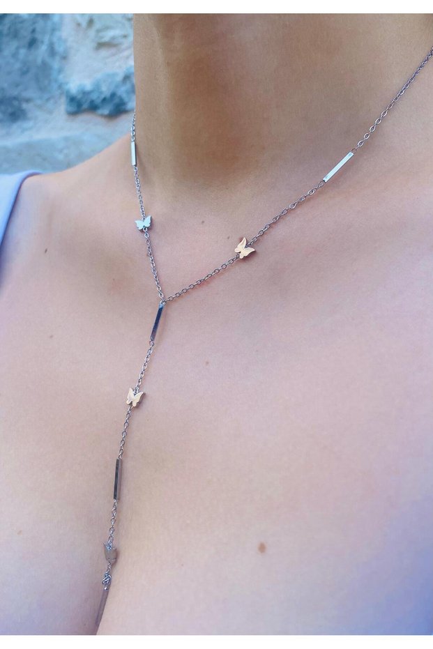 Butterfly Detailed Steel Silver Y Necklace