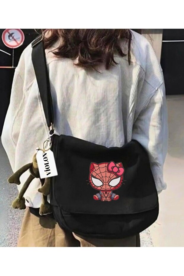 Siyah Spider Hello Kitty Model Postacı Çantası