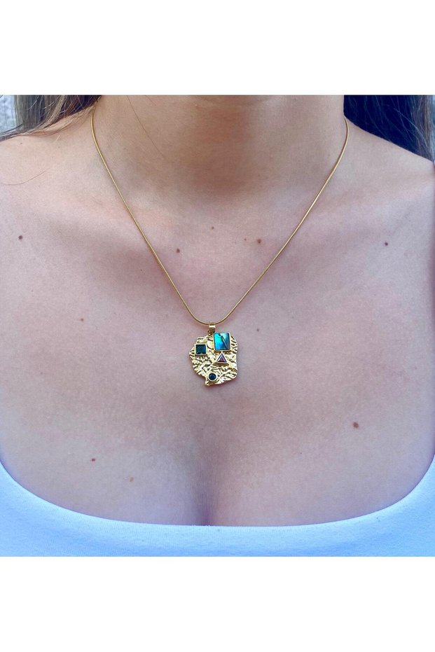 Gold Steel Necklace with Geometric Colored Stone Figure