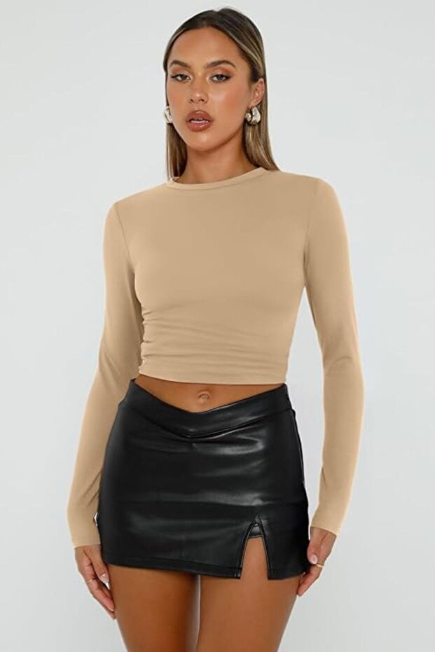 Essence Cotton Crew Neck Basic Plain Fabric Long Sleeve Lycra Blouse