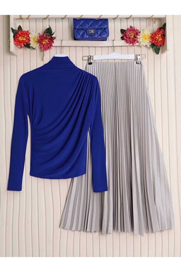 Half Neck Gathered Sandy Blouse -Cobalt Blue