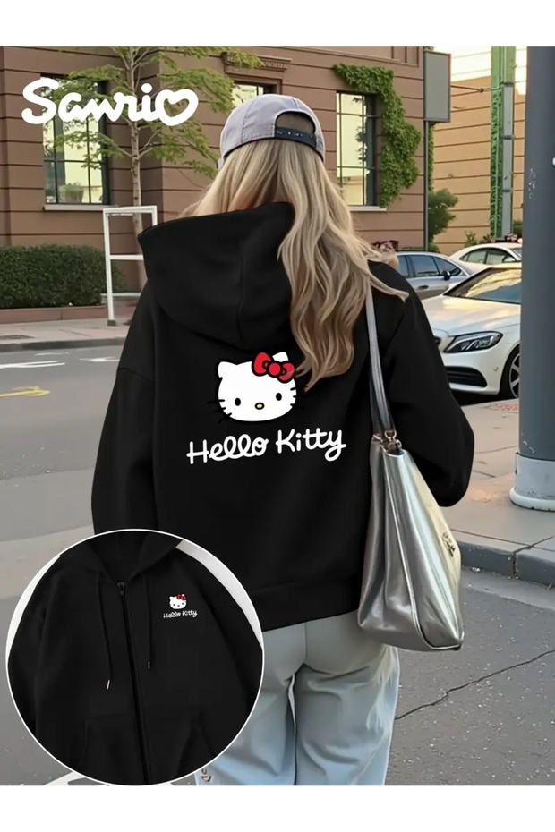 Kitty Ön Arka Baskılı Oversize Fermuarlı Siyah Unisex Kapüşonlu Hırka - 1