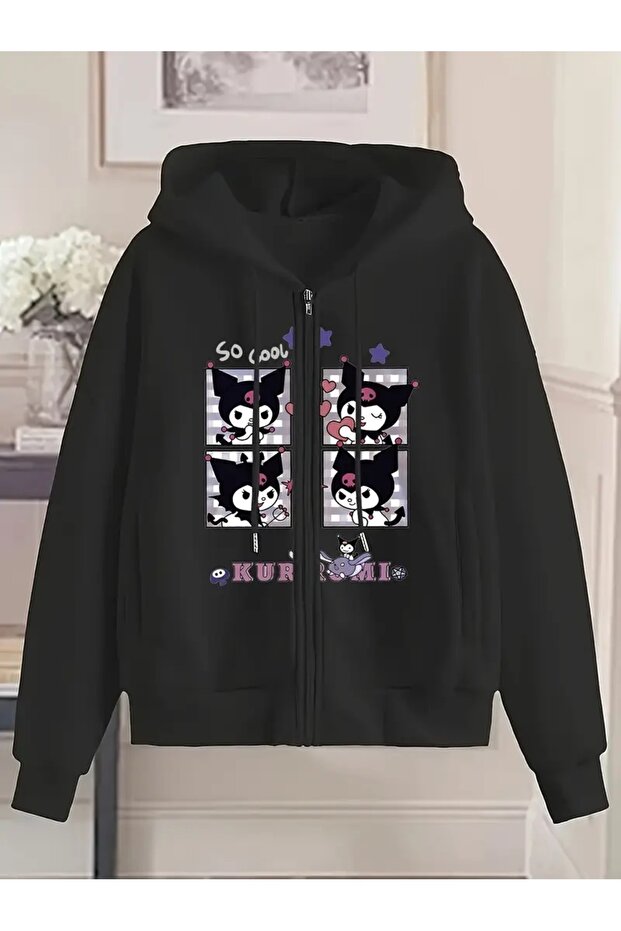 Kuromi Printed Oversize Zippered Black Unisex Hooded Cardigan