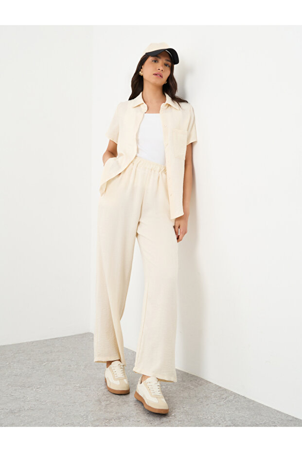 Cream Solid Shirt and Straight Leg Pants Co-Ords