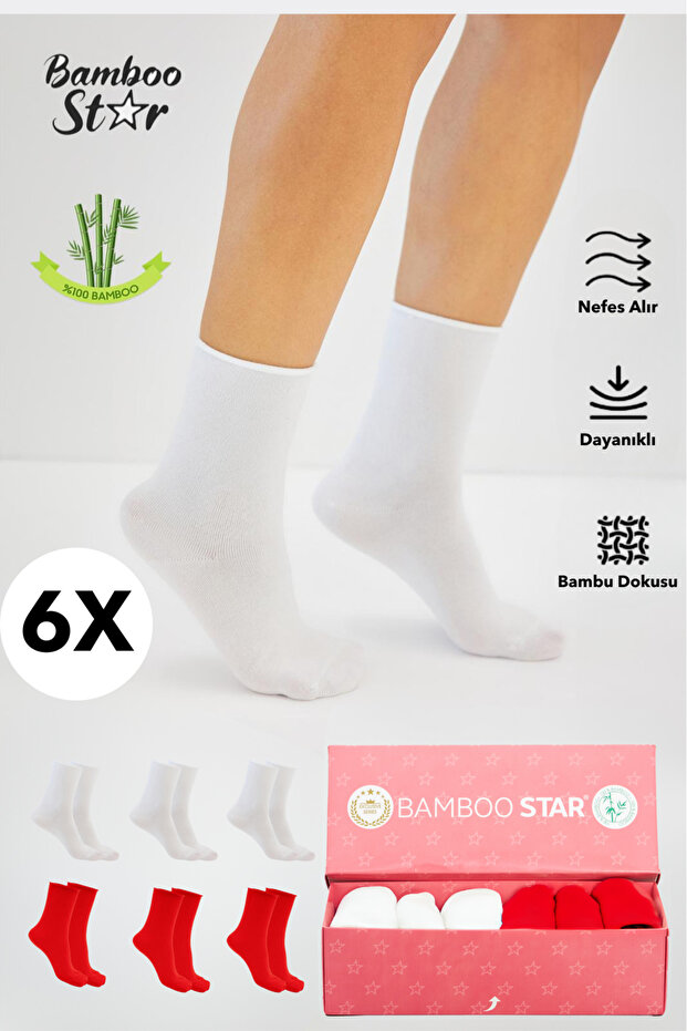 Bamboo Women's Elasticless White-Red Socket Seamless Socks 6 Pack Non-Squeezing Socks - Does Not Leave Marks
