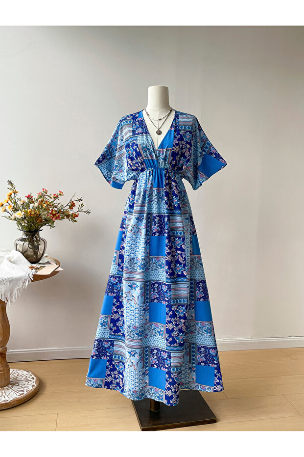 Blue Scarf Print Maxi Dress