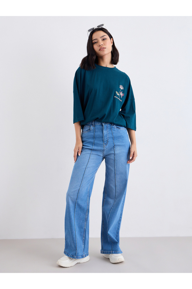 Women Dark Green Exaggerated Shoulder Oversized T-Shirt