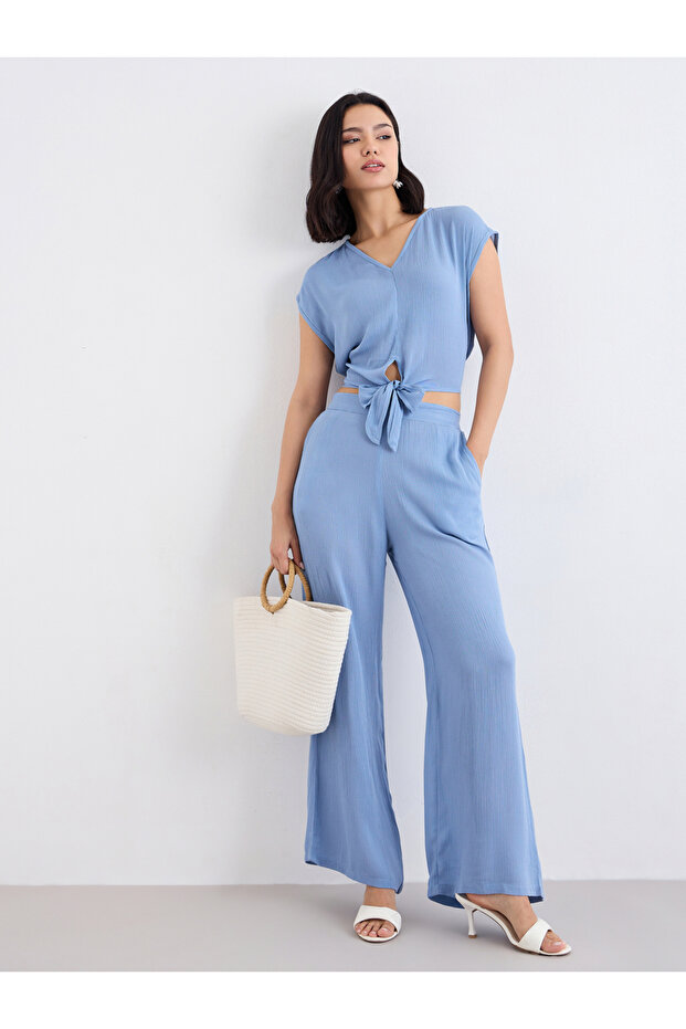 Blue Front Knot Crop Top and Pants Co-Ords
