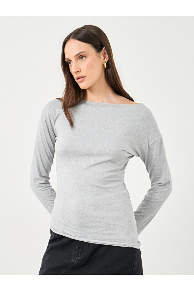 Women Grey Asymmetric Hem Fitted Top