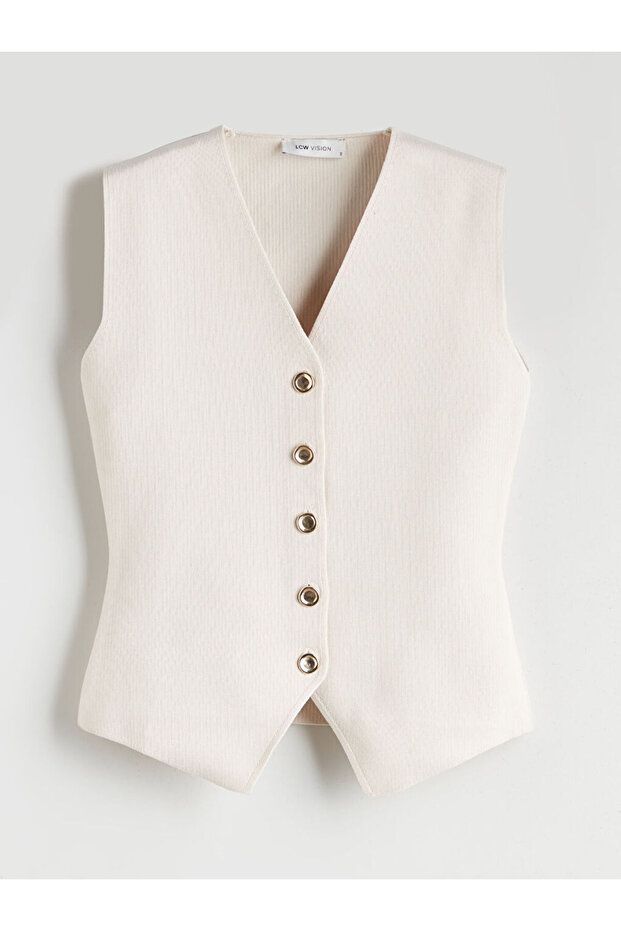 Ekru V Yaka Kadın Triko Yelek - 5