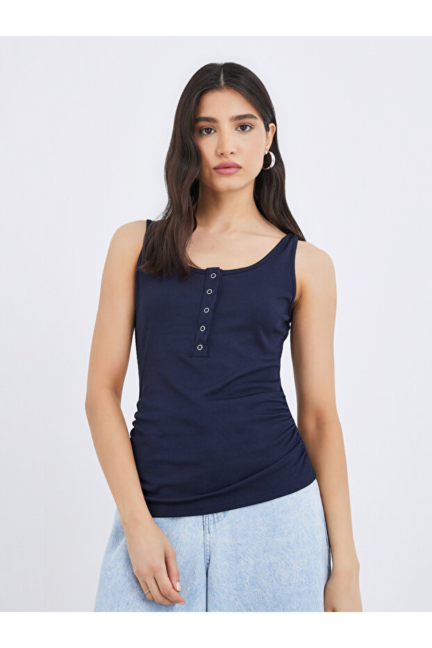 Solid Round Neck Buttoned Sleeveless Top - 1