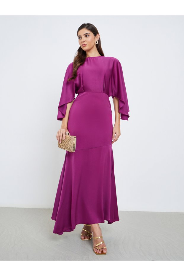 Women Magenta Satin Maxi Dress with Draped Sleeves
