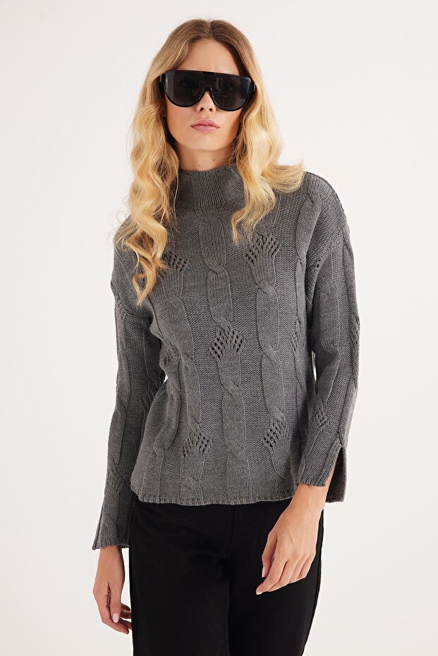 Women's Regular Fit Classic Cut Half Turtleneck Knitted Patterned Gray Sweater