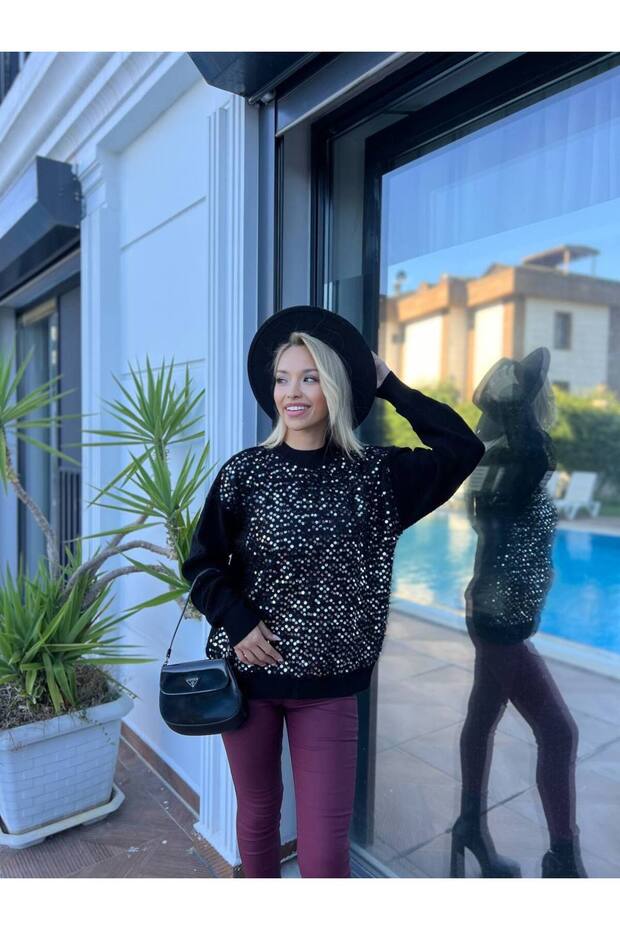 Havlu Örgülü Önü Pullu Triko Kazak - 2