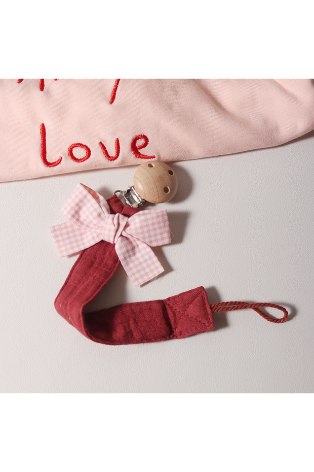 Burgundy Cotton Bow Pacifier Clip for Girls - Baby Soother Holder with Wooden Paci Clip, Soft Muslin