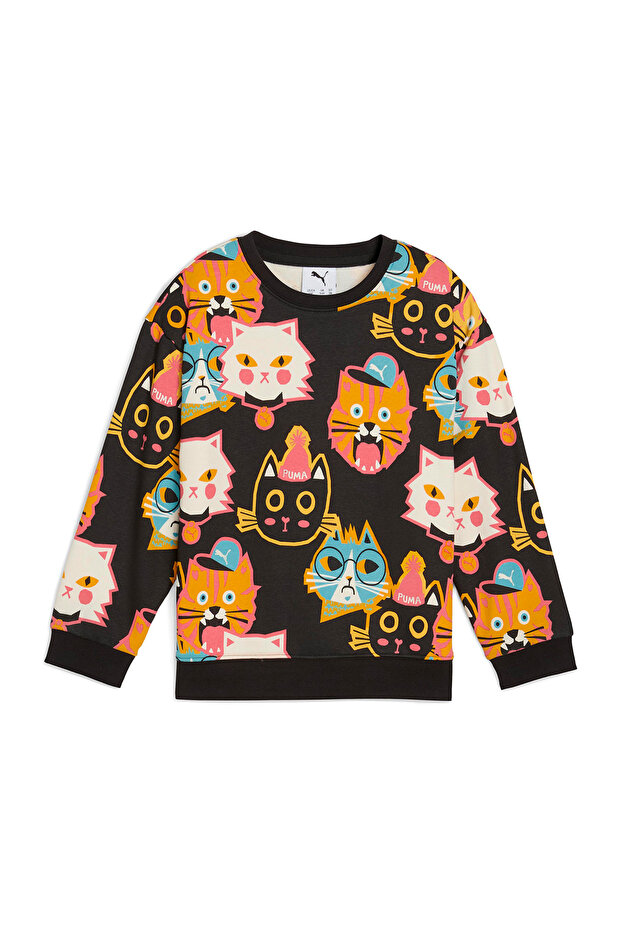 Moody Cat Crew Kids Black Crew Neck Sweatshirt