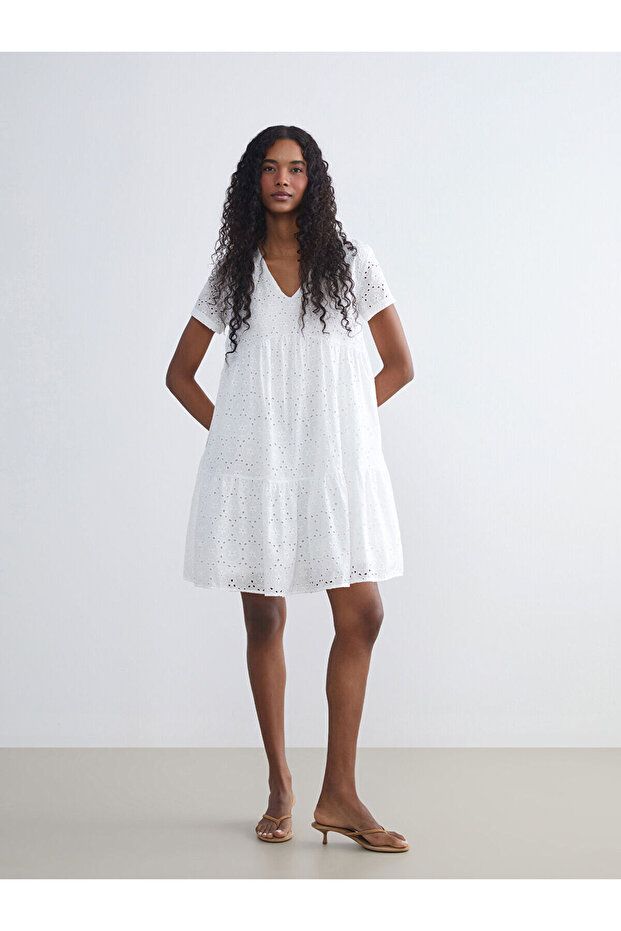 Two Mt Shop Quality V-Neck Layered Gathered Embroidered Dress