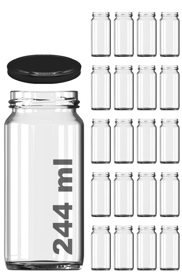 244 ml Jar Metal Black Canning Lid 244 Cc Transparent Tall Glass Jar 20 Pieces