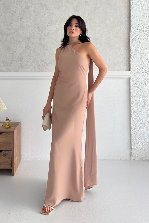 Beige Scarf Detailed One Shoulder Dress