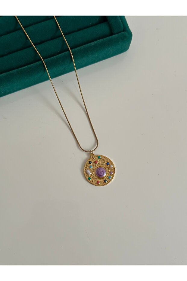 Mor Mineli Çelik Kolye - 1