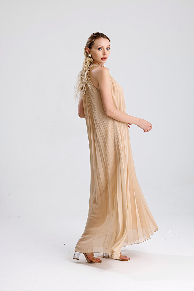 Astarlı Piliseli Uzun Abiye Şifon Elbise | ELB3512 Bej - 5