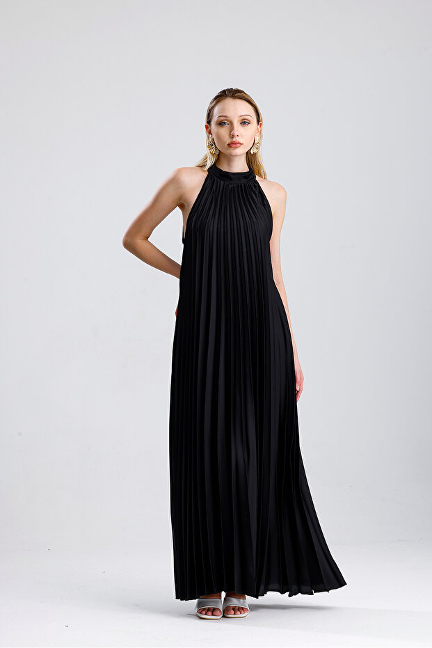 Halter Neck Pleated Digital Printed Sleeveless Satin Dress| Elb34513 Black