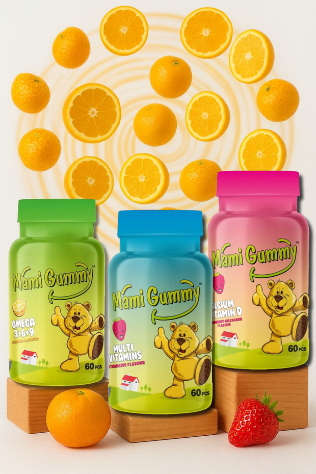 Set of 3 Multivitamins (Strawberry) - Omega (3-6-9) (Orange) - Calcium & Vitamin D (Strawberry)
