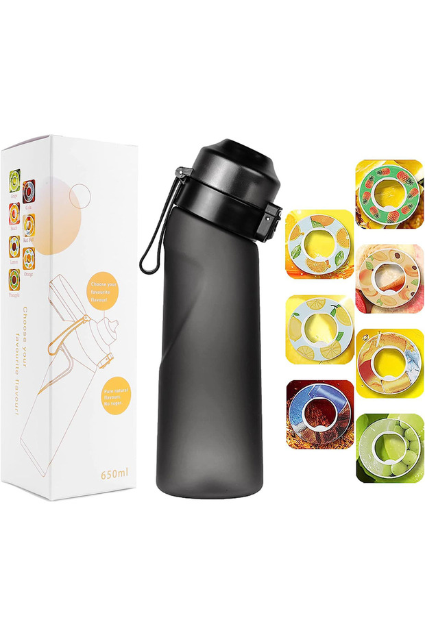 Matte Black-7 Ring 650ml Flavored Water Bottle Sports Drinking Bottle Flavor Pods Fruit Scent Up Wat