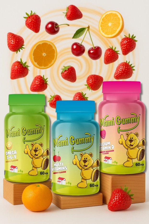 Set of 3 Multivitamins (Cherry) - Omega (3-6-9) (Orange) - Calcium & Vitamin D (Strawberry)
