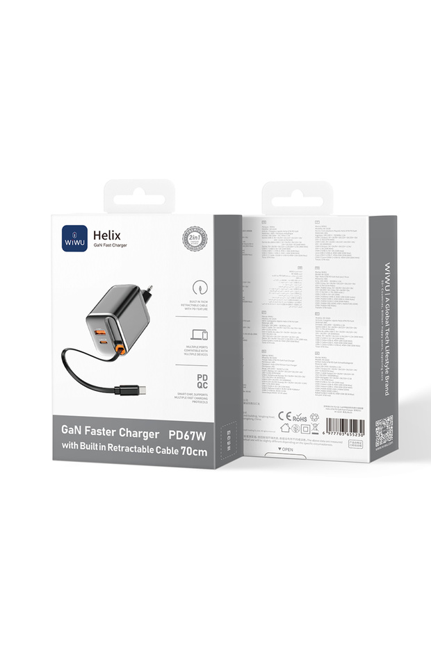 Wi-G020 Helix Serisi GaN Teknolojili USB-A to Type-C PD 65W Type-C Kablolu Şarj Seti Siyah - 3