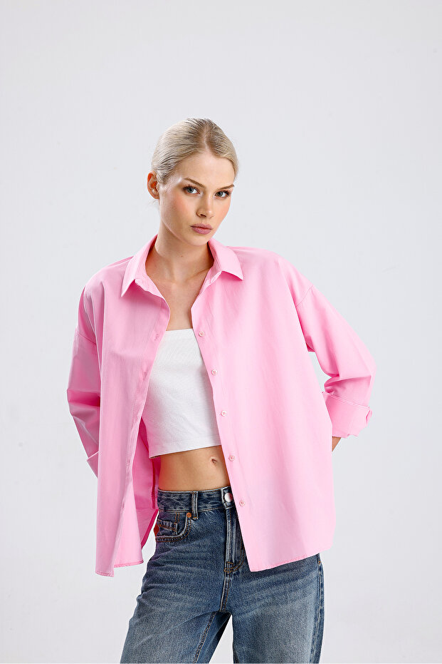 Kadın Pembe Oversize Uzun Basic Gömlek - 1