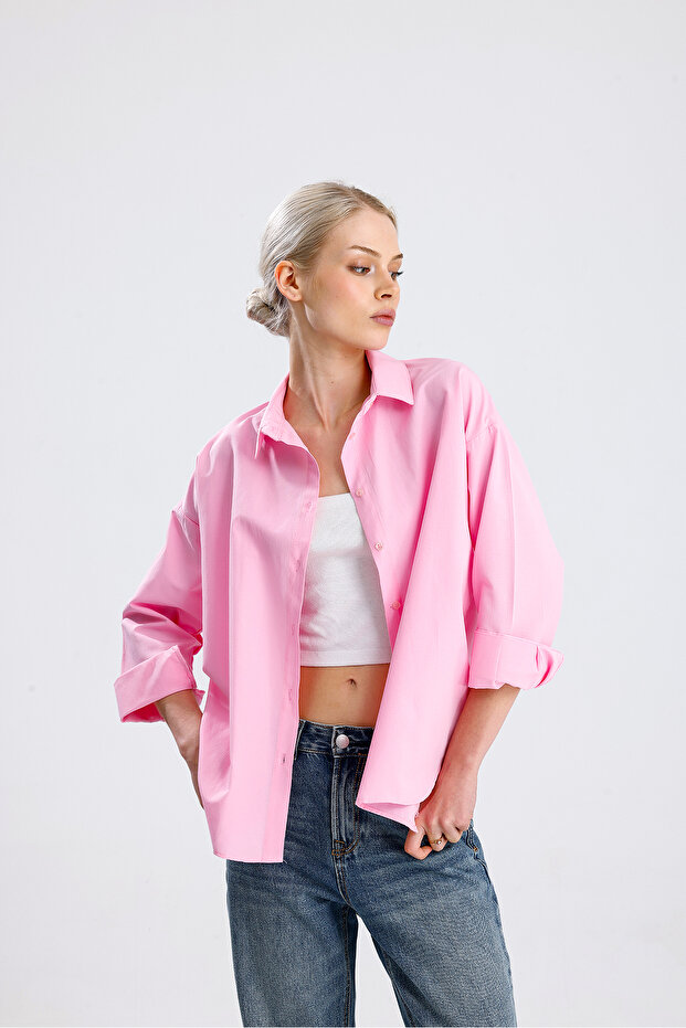 Kadın Pembe Oversize Uzun Basic Gömlek - 4
