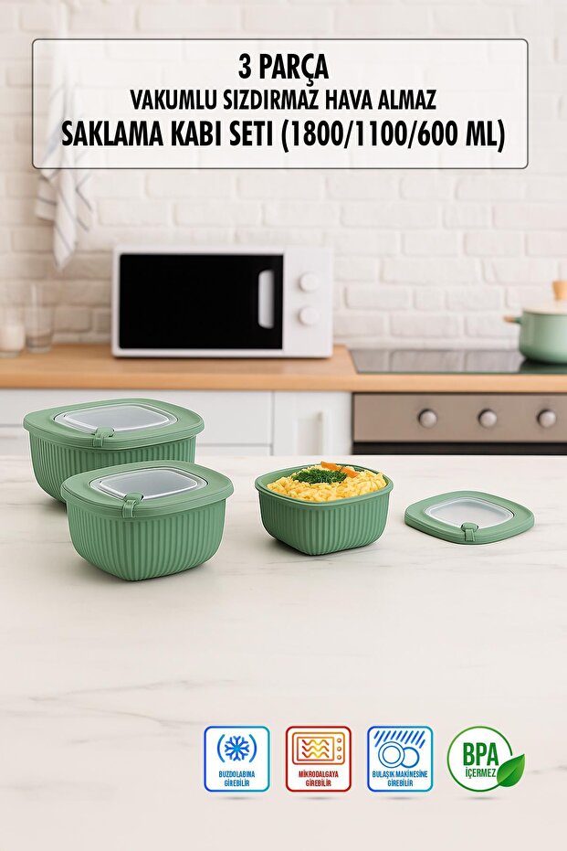 Square 3 Piece Vacuum Sealed Air-Free Storage Container Set Green (1800/1100/600 ml)
