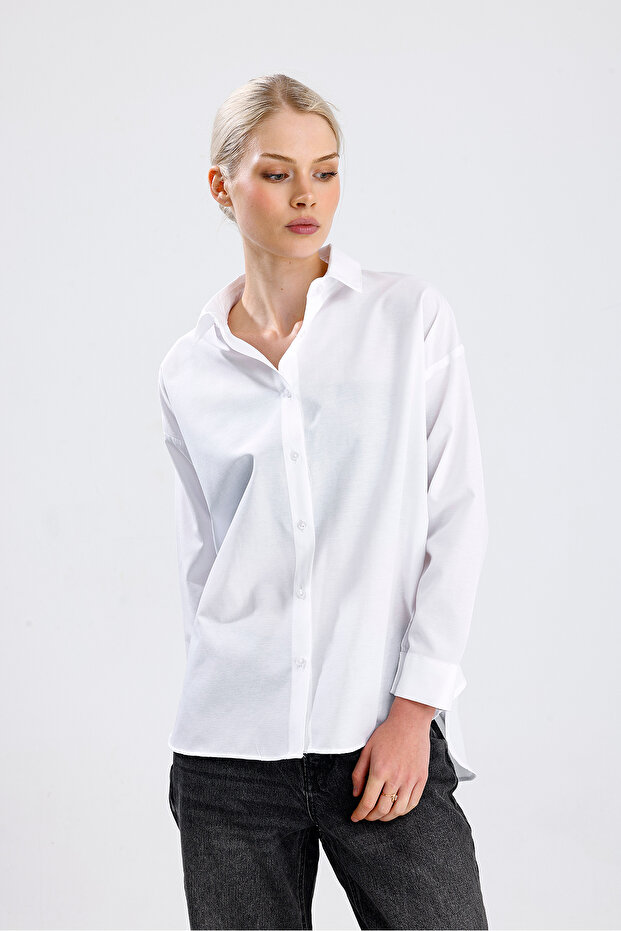 Kadın Beyaz Oversize Uzun Basic Gömlek - 4