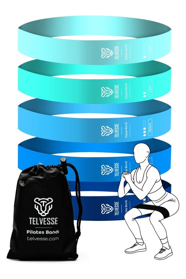 5-Piece Pilates Resistance Band Set Loop Squat Rubber Fitness Exercise Bands with Bag - Blue