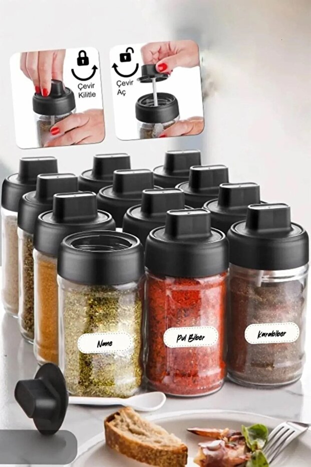 6 Pieces Spice Bowl Set with Lid, Spoon and Lock Label - (300 ML) Glass Jar 6 Pieces