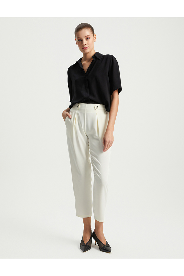 Ecru - Satin Trousers with Belt Detail