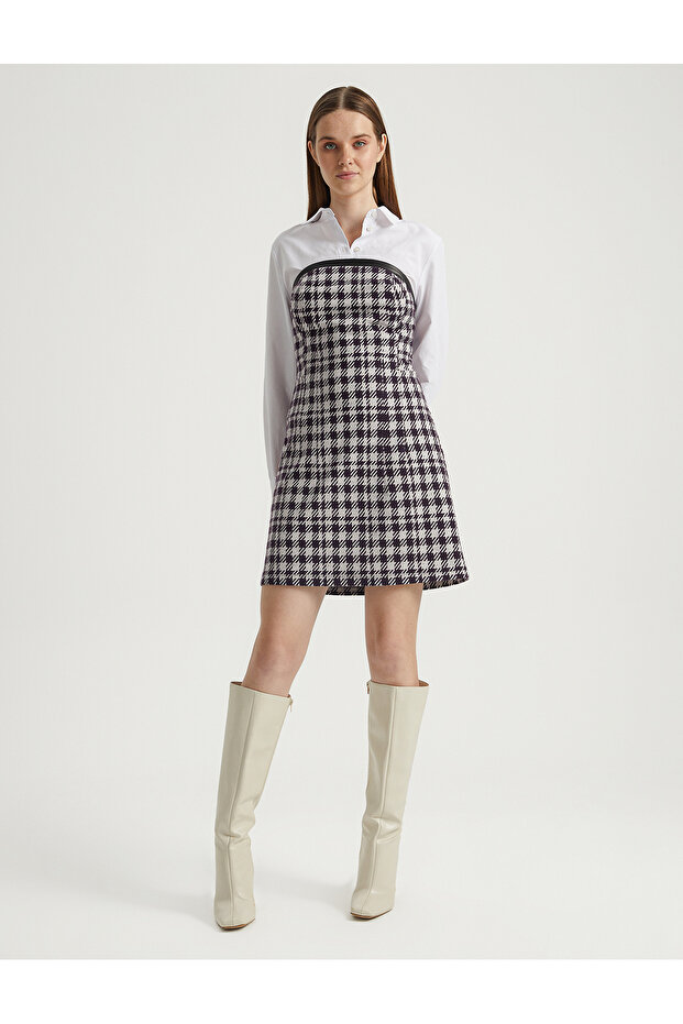 SUNI DERI DETAYLI KAZAYAGI DESENLI ELBISE - 2