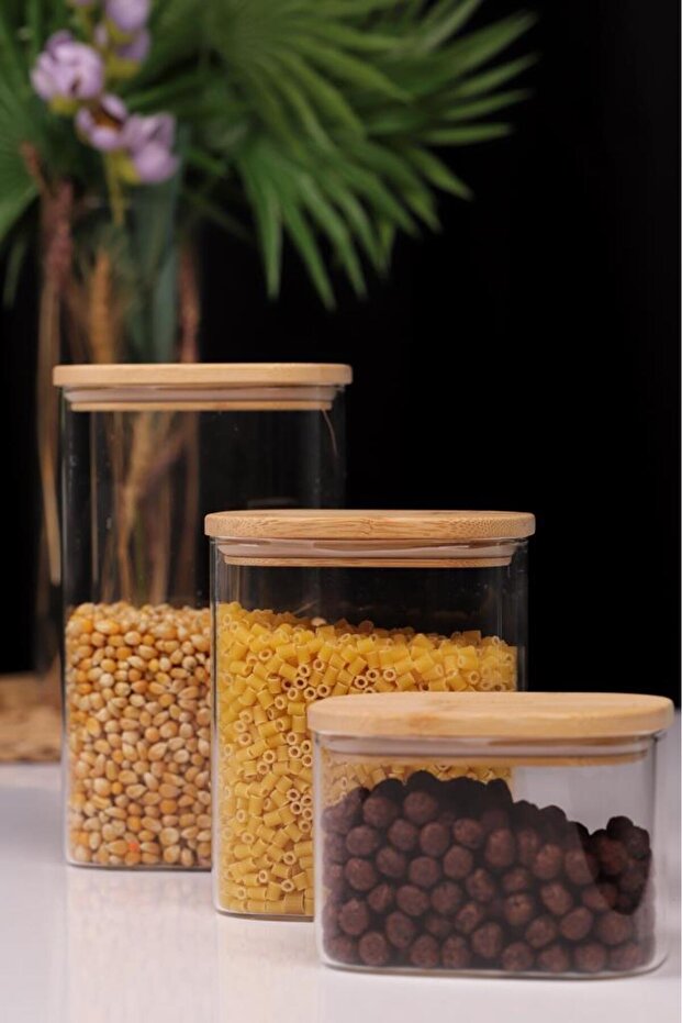 Multy - Bambu Kapaklı Cam Saklama Kabı 600ml + 1000ml + 1500ml - 2
