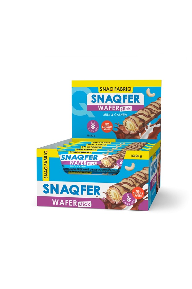 Snaqfer Wafer Stick with Milk and Cashew Gluten Free and No Sugar Added 15x20g
