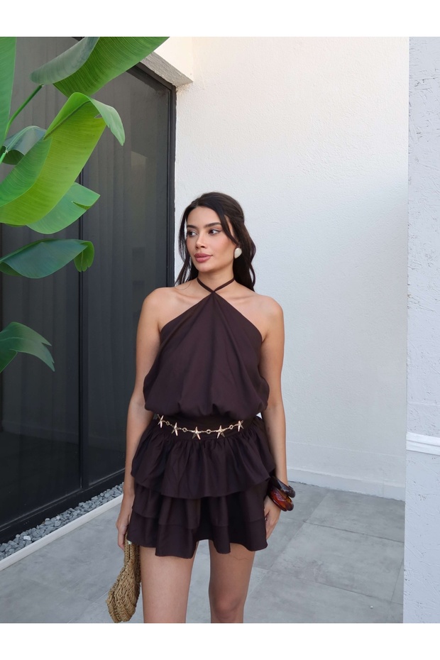 Bel Drape İp Bağlamalı Mini Elbise - 4