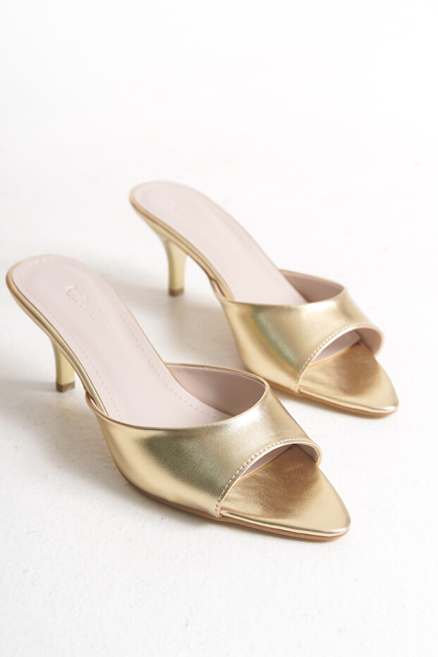 Gold Women's Kitten Heeled Slippers with Pointed Toe