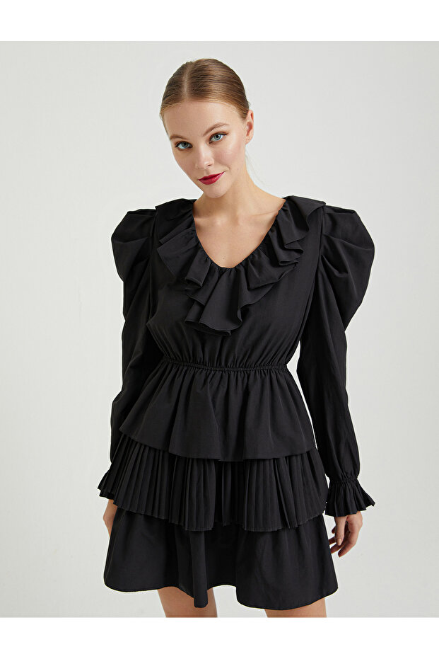 V YAKA PLİSELİ POPLIN ELBİSE - 4