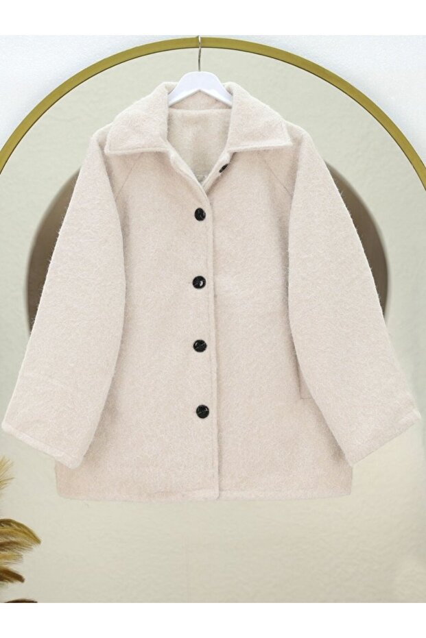 Double pocketed, buttoned front lined boucle coat - ecru - 1