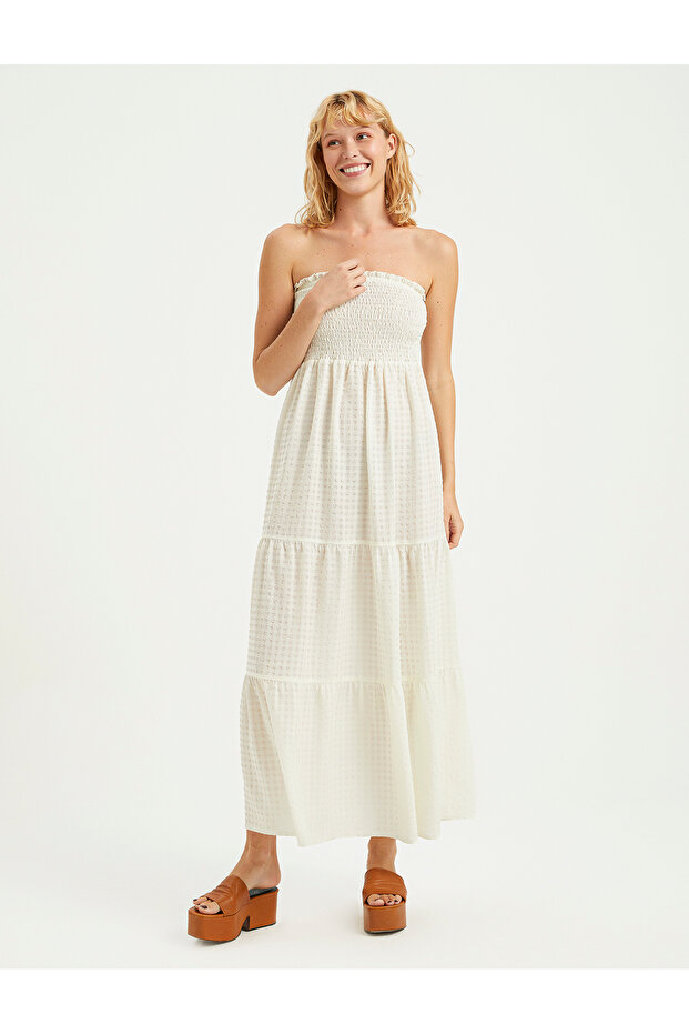 GİPELİ STRAPLEZ GOFRE ELBİSE - 2