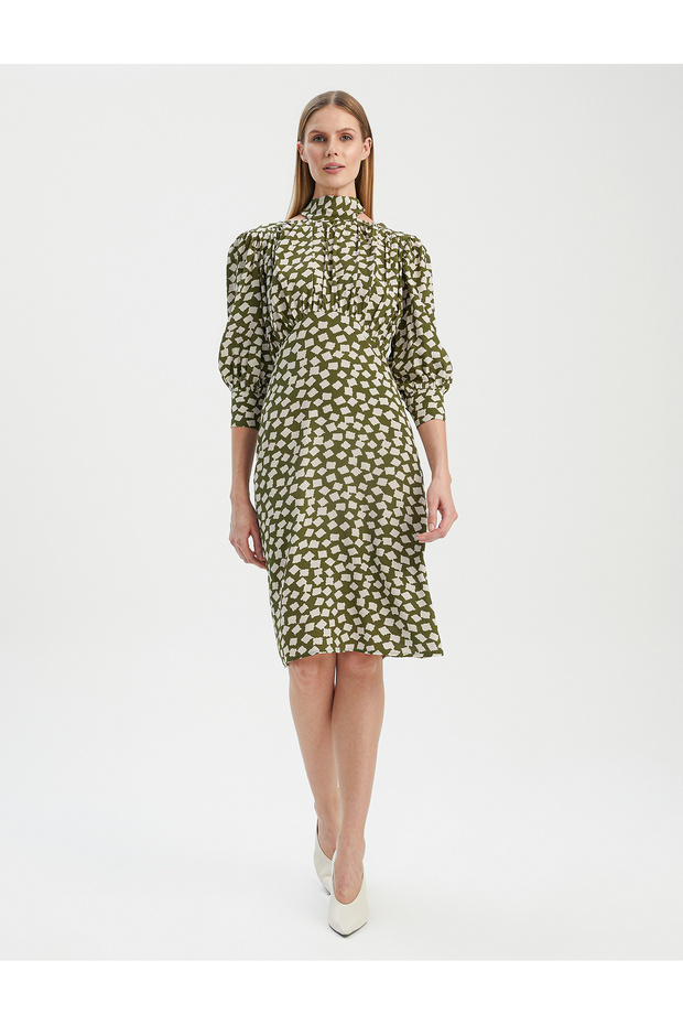 VISKON FULAR YAKA BASKILI ELBISE - 3