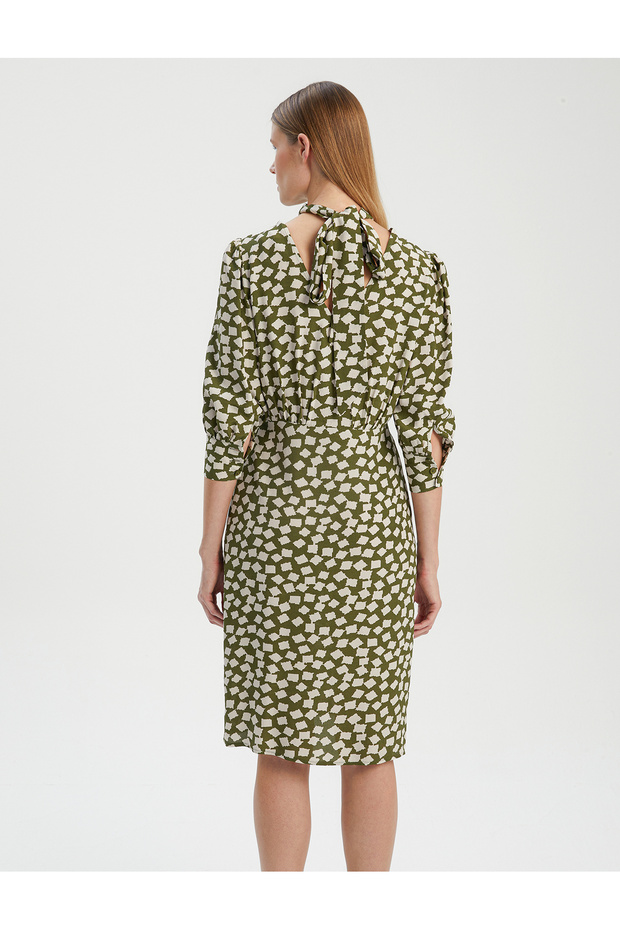 VISKON FULAR YAKA BASKILI ELBISE - 6