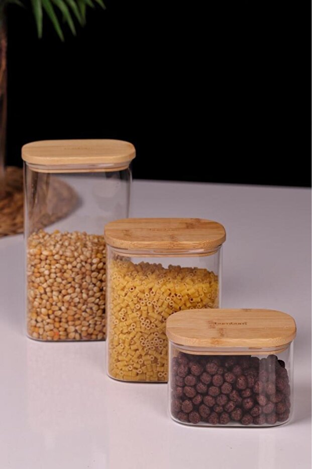 Multy - Bambu Kapaklı Cam Saklama Kabı 600ml + 1000ml + 1500ml - 3