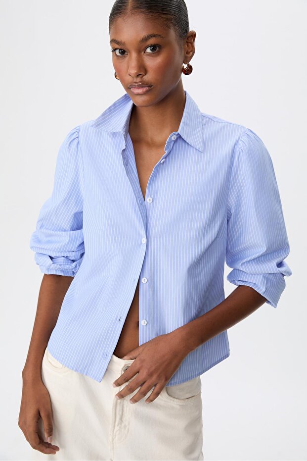 Basic poplin balon kollu çizgili gömlek - 2